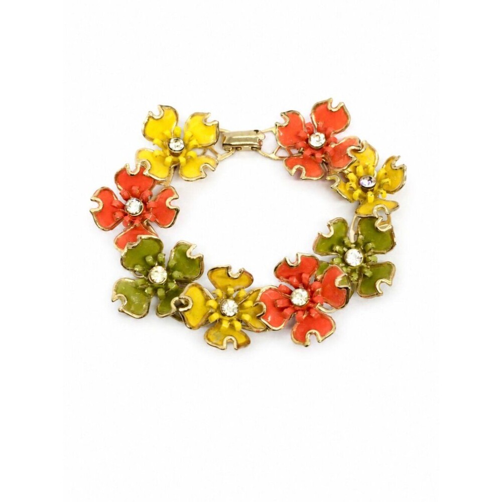 VINTAGE FLOWER BRACELET Enamel Rhinestone Gold Tone Mod Flower Power 60s 70s